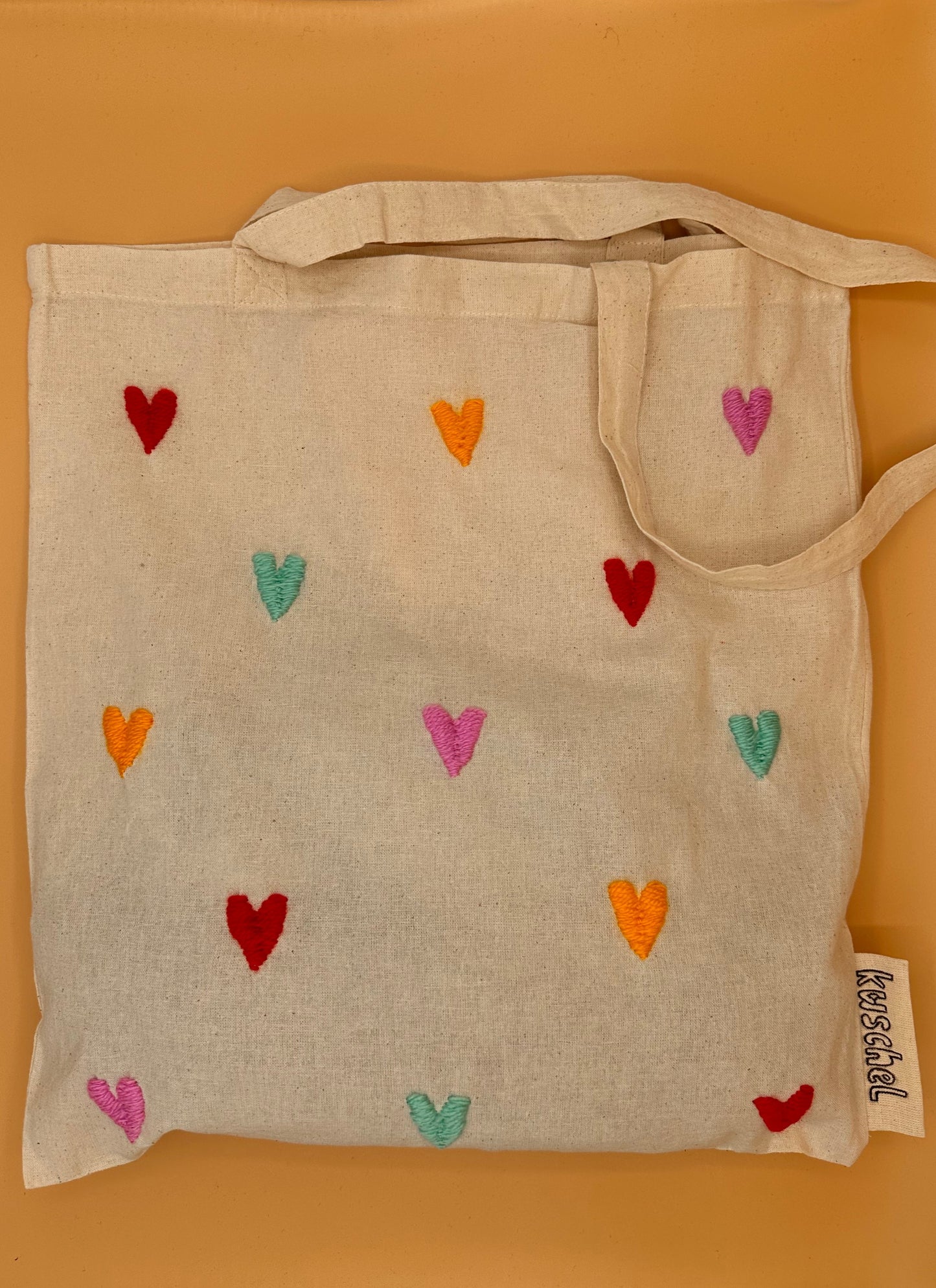 Embroidered Rainbow Hearts tote bag (white)