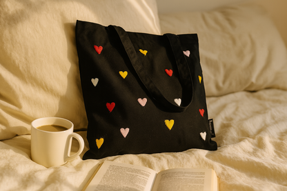 rainbow hearts tote bag (black)
